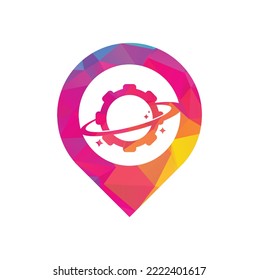 Planet gear map pin shape concept logo icon vector. Gear Planet Icon Logo Design Element	