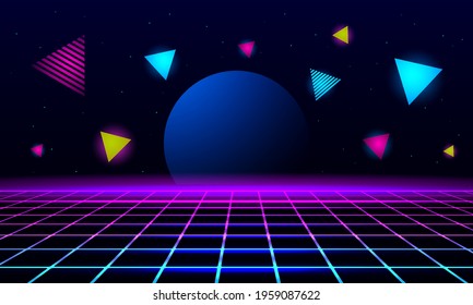 planet and geometric triangles on the background of the landscape laser grid in space. Futuristic fantastic background in 80s style. 3d vector illustration