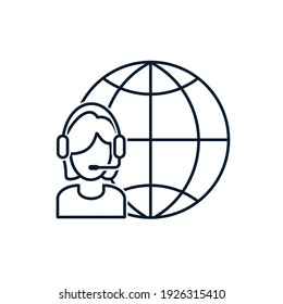 Planet, a girl with a headset. Concept translator, polyglot. Vector icon isolated on white background. 