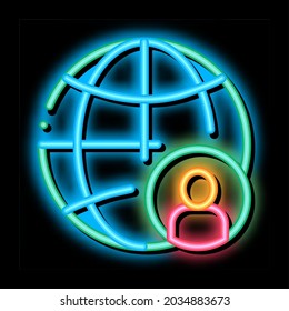 Planet Glob And Man Silhouette Job Hunting Neon Light Sign Vector. Glowing Bright Icon Transparent Symbol Illustration