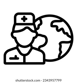 Planet globe and doctor line icon. Global medicine against coronavirus pandemic symbol, outline style pictogram on white Save lifes Covid-19 outbreak vector sign.