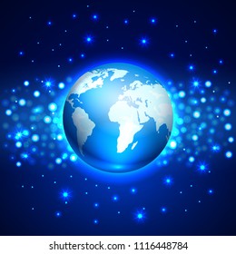 Planet globe Earth on the blue space background, vector illustration