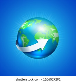 Planet globe Earth with white arrow on the blue background, vector illustration
