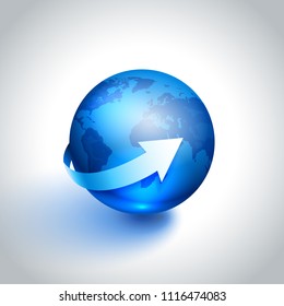 Planet globe Earth with white arrow, vector illustration