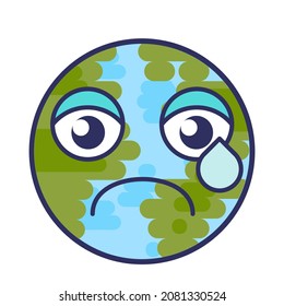 Planet globe emoji cry sadness expression vector. Earth sphere nervous face with scared eyes and sweat. Crying or scare smile sad negative emotion. Emoticon stress flat cartoon illustration
