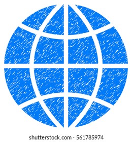 Planet Globe grainy textured icon for overlay watermark stamps. Flat symbol with dust texture. Dotted vector blue ink rubber seal stamp with grunge design on a white background.