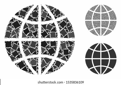 Planet globe mosaic of abrupt items in different sizes and shades, based on planet globe icon. Vector rugged items are combined into collage. Planet globe icons collage with dotted pattern.