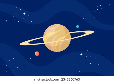 Planet globe with ring in outer space. Alien world with cosmic sphere and stars in cosmos. Astronomical celestial object in black night sky. Vector illustration