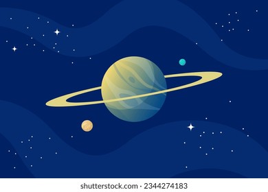 Planet globe with ring in outer space. Alien world with cosmic sphere and stars in cosmos. Astronomical celestial object in black night sky. Vector illustration