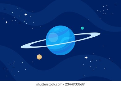 Planet globe with ring in outer space. Alien world with cosmic sphere and stars in cosmos. Astronomical celestial object in black night sky. Vector illustration