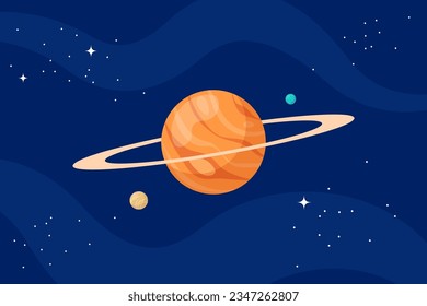 Planet globe with ring in outer space. Alien world with cosmic sphere and stars in cosmos. Astronomical celestial object in black night sky. Vector illustration