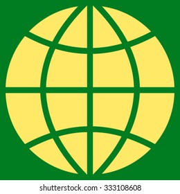 Planet Globe vector icon. Style is flat symbol, yellow color, rounded angles, green background.