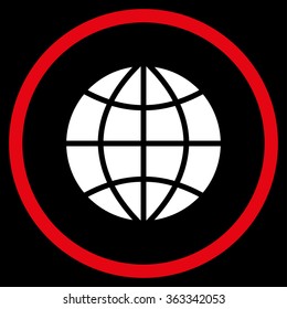 Planet Globe vector icon. Style is bicolor flat circled symbol, red and white colors, rounded angles, black background.