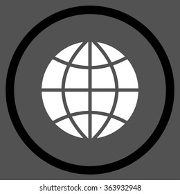 Planet Globe vector icon. Style is bicolor flat circled symbol, black and white colors, rounded angles, gray background.