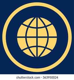 Planet Globe vector icon. Style is flat circled symbol, yellow color, rounded angles, blue background.