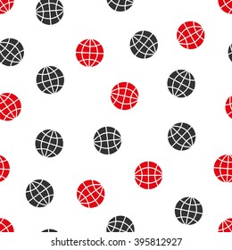 Planet Globe vector seamless repeatable pattern. Style is flat red and dark gray Planet globe symbols on a white background.