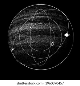 The planet glows in the dark black sky. Vector illustration in dotwork style.