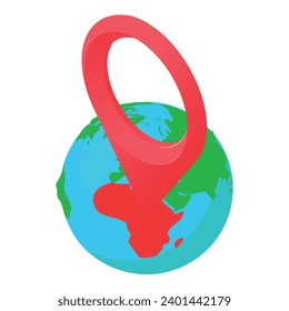 Planet gps icon isometric vector. Planet earth globe with big red gps pin icon. Location determination, navigation