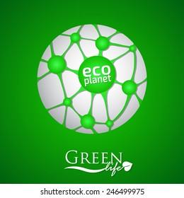 Planet with green eco net, connection and ecological icon