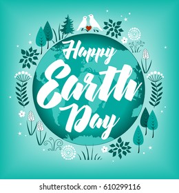 Planet in green leaves wreath. April 22. Happy Earth Day. Earth Day card design. Vector illustration