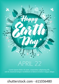 Planet in green leaves wreath. April 22 banner. Happy Earth Day card design. Vector illustration