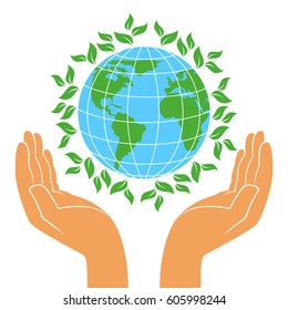 Planet with green plants in human hands, Earth Day concept, stylized vector illustration on the white background
