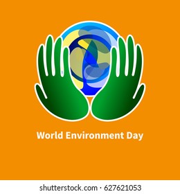 Planet in green protects hands. World environment day. Vector illustration.
