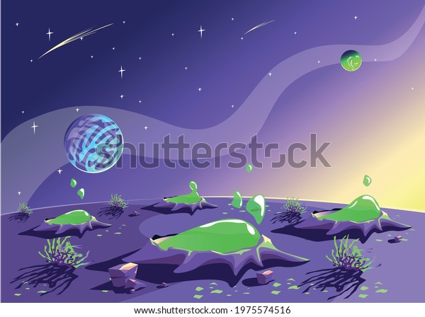 Planet in green slime. Space background with the\
image of the planet\'s surface covered with craters and green slime\
on the starry sky in cartoon style and copy space for text. Space\
landscape. Vector
