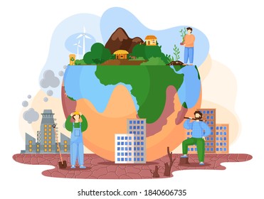 Planet with green trees and bushes surrounded by a lifeless land with cracks, environmental pollution theme with ax man cuts trees to build cities, factories pollute the air with smoke flat vector
