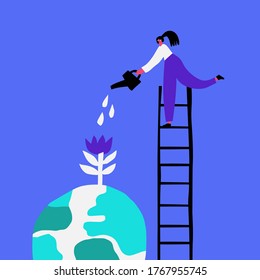Planet greening hand drawn flat vector illustration. Young woman watering flower cartoon character. Environment conservation, ecology preservation, nature protection abstract concept