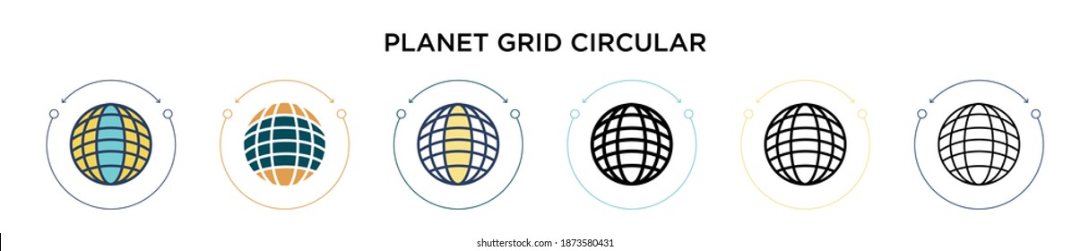 Planet grid circular symbol icon in filled, thin line, outline and stroke style. Vector illustration of two colored and black planet grid circular symbol vector icons designs can be used for mobile, 