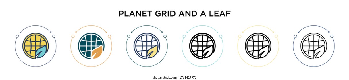 Planet grid and a leaf icon in filled, thin line, outline and stroke style. Vector illustration of two colored and black planet grid and a leaf vector icons designs can be used for mobile, ui, web