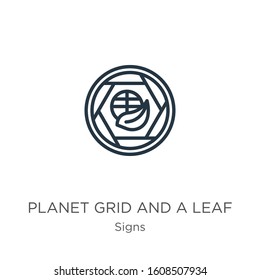 Planet grid and a leaf icon. Thin linear planet grid and a leaf outline icon isolated on white background from signs collection. Line vector sign, symbol for web and mobile