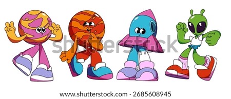 Planet groovy characters with Jupiter and Mars, rocket and alien mascots for retro cartoon illustration. Colorful cosmic friends with peace signs, sneakers and funky poses. Psychedelic space set.