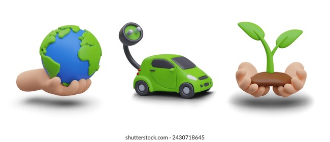 Planeta en mano, coche eléctrico, palmas sostienen el brote. Conjunto de plantillas vectoriales