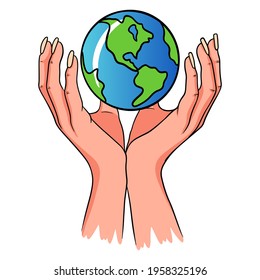 The planet is in the hands. Let's save the planet from pollution. Cartoon style.