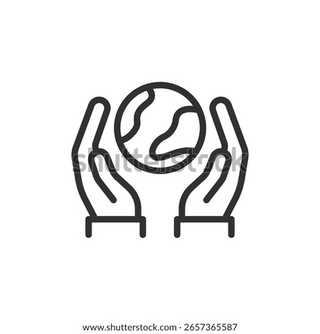 Planet in hands, linear icon. Earth care and environmental protection. Line with editable stroke.