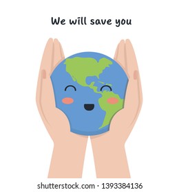 The planet is in the hands of man. Vector illustration in flat style. The movement to save the planet earth. Environment protection concept. For web banner, internet.