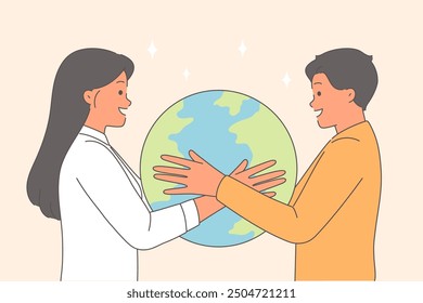 Planet in hands of men and women eco-activists who care about preserving environment and reducing co2 emissions. Volunteers from eco fund hug planet together calling for attention to climate change