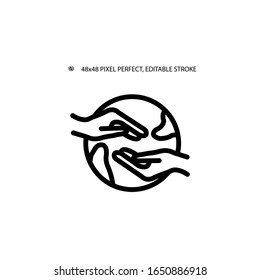 Planet and hands simple line icon vector illustration.Editable stroke. 48x48 Pixel Perfect.