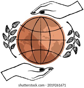 Planet is in hands of woman. Outlines of parallels and meridians on Earth vector illustration. Earth with image of territories separated by ocean. Save planet and environmental protection concept