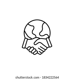 Planet and handshake, international agreement, international contract simple thin line icon vector illustration