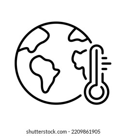 Planet Heat Temperature Ecological Danger Line Icon. Earth and Thermometer Global Climate Change Problem Pictogram. World Weather Measurement Sign. Editable Stroke. Isolated Vector Illustration.