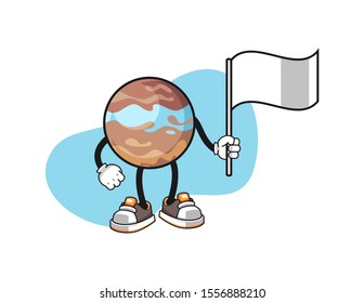 Planet hold white flag cartoon. Mascot Character vector.