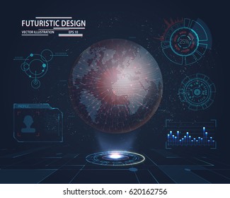 Holograma con elementos de diseño de hud futurista con barra y gráfico circular. Interfaz de infografía o tecnología para visualización de información. Ciencia y espacio, tecnología y ciencia ficción, tema de análisis