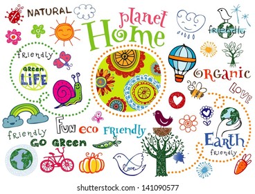 Planet home, vector set - doodles and inscriptions