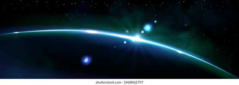 Planet horizon blue glow with rays and sparkle. Realistic 3d vector illustration of sunlight at dawn or dusk view from space. Fantasy universe sunrise or sunset light. Earth cosmos star rise.