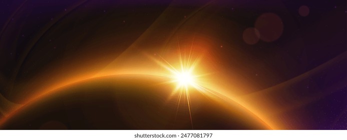 Horizonte del planeta con brillo naranja brillante. Ilustración vectorial realista de la visión desde el espacio exterior sobre la luz abstracta del amanecer o del atardecer. Fondo estrellado del cosmos oscuro con el efecto del destello de la astronomía.