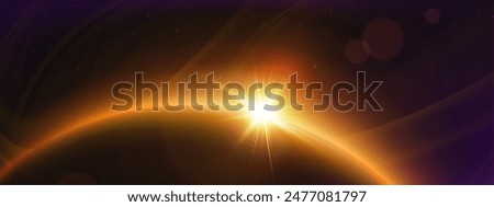 Planet horizon with bright orange glow. Realistic vector illustration of view from outer space on abstract sunrise or sunset light. Dark cosmos starry background with astronomy flare effect.