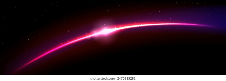 Planet horizon with pink glow on starry background. Realistic 3d vector illustration of view on sunrise or sunset from outer space. Abstract fantasy cosmos dawn or dusk crescent light with rays.